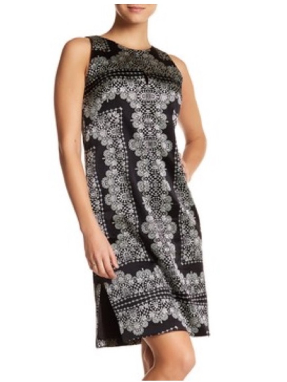 Nanette Lepore Mosaic Sleeveless Silk Shift Black & White w Jewel Neckline Sz‎ 4